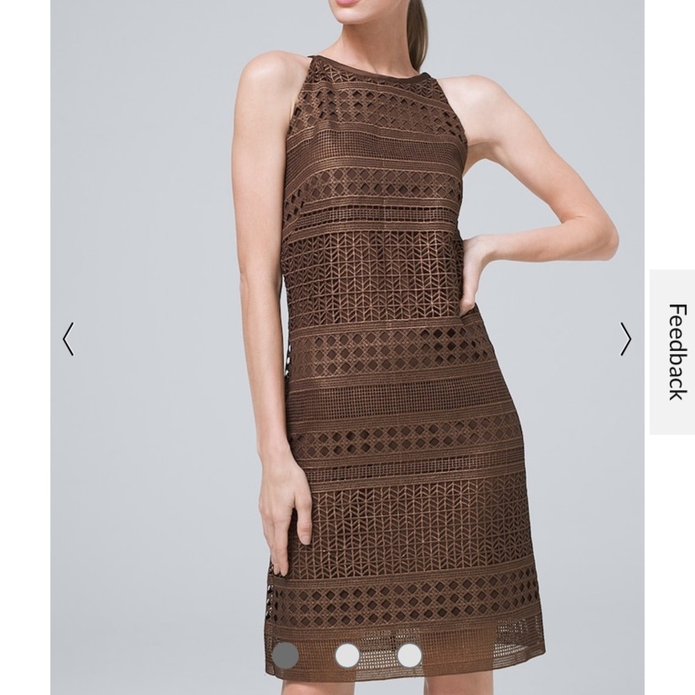 White House Black Market laser-cut shift dress, size 6, brown metallic